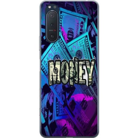 Sony Xperia 5 II Gennemsigtig cover Penge motiv dollar sedler blå og lilla farvetema med stort money tema perfekt til luksus økonomi og grafisk desi