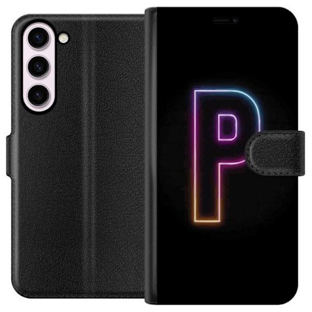 Kompatibel Tegnebogsetui til Samsung Samsung Galaxy S23+ Minimalistisk neonbogstav P i farvegradient og lyseffekt mod sort baggrund i digital neonstil