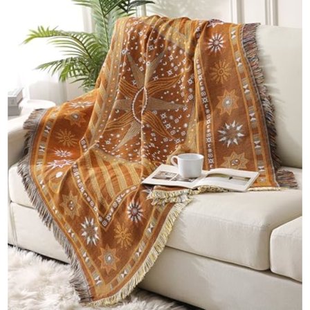 130x160cm Boho Kastan Boheme Tæppe til Sofa, Vævet Boho Tæppe Dekorativt Kast Tæppe Tæppebetræk til So