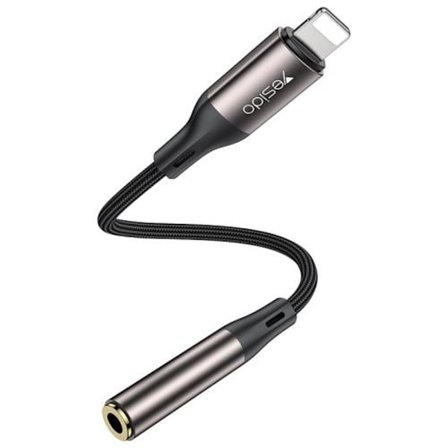 Yesido Lightning til 3,5 mm AUX lydadapter, 13 cm – Sort/grå