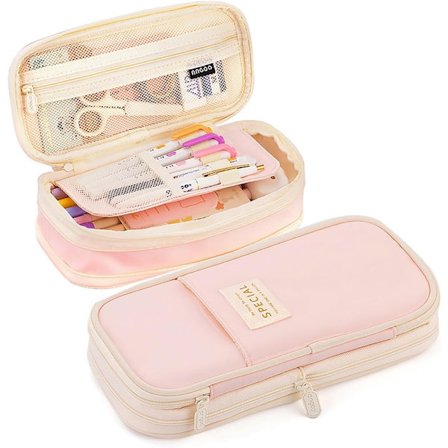 Pencilkasse med stor kapacitet, smuk pencilkasse, pencilkasse med lynlås, der er egnet til skole og kontor, pink