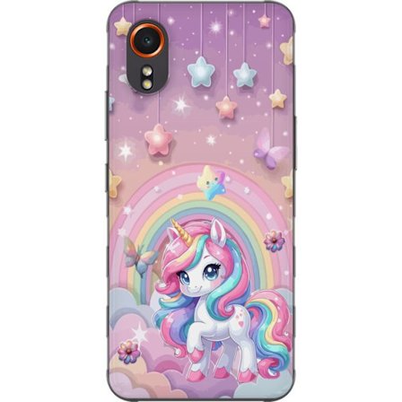 Kompatibel Mobilcover til Samsung Galaxy Xcover7 Magisk enhjørning med regnbue manke, stjerner og sommerfugle mod en pastelfarvet himmel med skyer