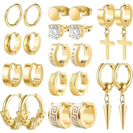 Små rustfri stål øreringe med korsvedhæng, mode smykker til piercing, perfekt til fest og fødselsdag, 11 par guld