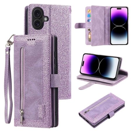 Etui til iPhone 16 lilla retro glidelås ni kort lommebok magnetisk lær