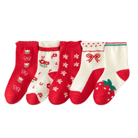 5 paria vauvan tyttöjen crew-sukat mansikkakuviolla, keskipitkät puuvillasukat syysvaatteisiin M (3–5-vuotiaille)
