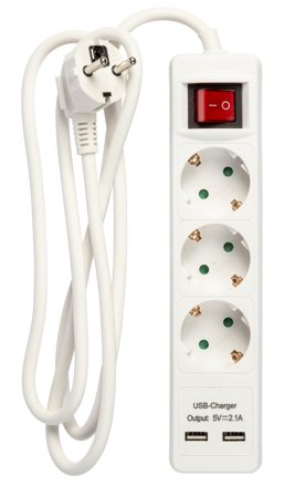 Nordic Quality 3-vägskontakt jordad, 2xUSB-A (3x1,5mm²), 1,5m