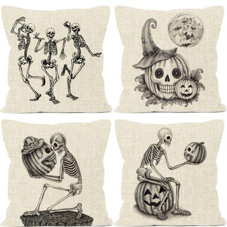 Sæt med 4 Halloween pudebetræk 18 x 18 cm, Halloween dekorationer, pudebetræk i hør og bomuld