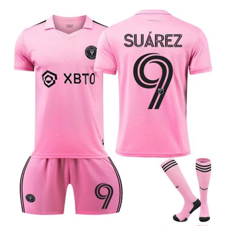 2324 Hem Miami International Messi 10 tröja ny borta Major League fotbollströja svart och rosa originalstrumpor