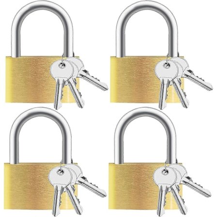 4 stk. solide messing hengelåser med nøkler 12, små hengelåser med samme nøkkel, hengelås med nøkkel, oppbevaringslås bøyle for utendørs innendørs 