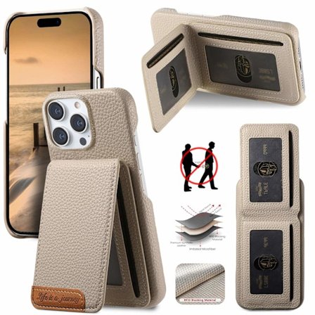 Etui til iPhone 16 Plus Khaki Læder Pebbled Flip Wallet med Kortholder