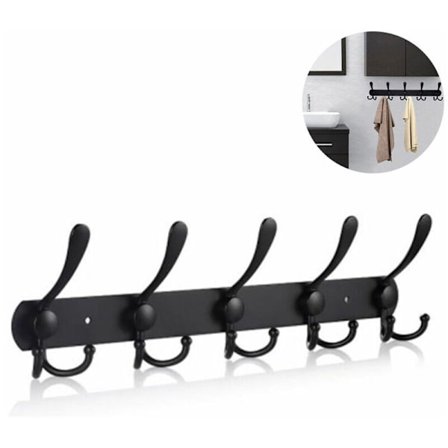 Lang veggmontert klesstativ med 5 trippelkroker, veggkroker, veggmontert klesstativ, svart krok