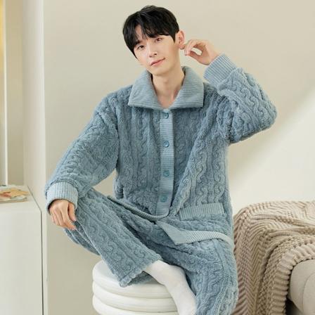 Höst och vinter herr Coral Fleece Flanell Pyjamas Set löst och tjockt kan slitas ut light blue XL [125-150 kg]
