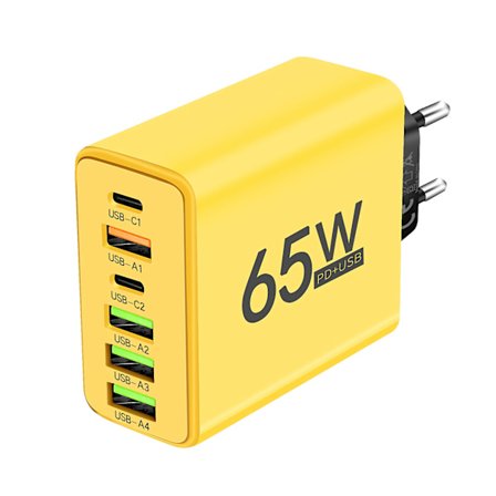 PD 65W USB Oplader Hurtig Oplader 6-Port Type C Mobil Oplader Kompatibel med iPhone 16 15 Pro Max Xiaomi Huawei Samsung Hurtig Oplader