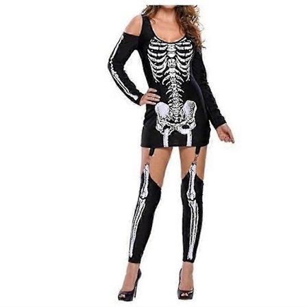 Halloween Skelet Printet Fancy Dress Kjole med Kolde Skuldre og Strømper - WELLNGS