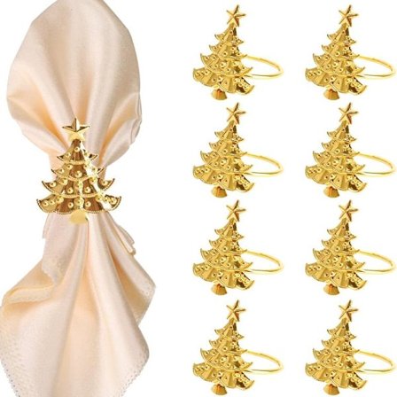 8 stk. gullserviettringer, juletre serviettringer metall serviettringholdere juleserviettspenneholdere