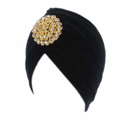 Lyxig Turban I Sammet Och Stor Brosch Diamanter Strass Mössa Black One Size