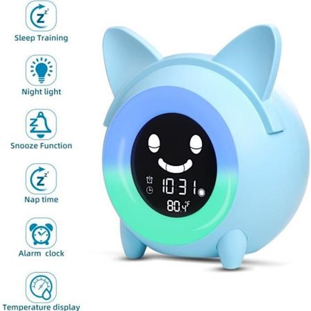 (Blå) Børnevækkeur Natlampe, 5 farver, justerbar lysstyrke, sengelampe til soveværelse, søvntræning, julegave - Blå