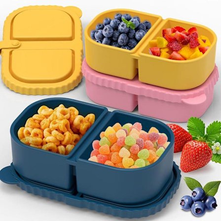 3-pak genanvendelige silikone snackbeholdere med låg, 2-rums mini-beholdere, bærbar silikone madkasse til picnic, skole, kontor