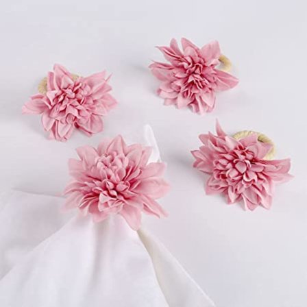 Håndlagde blomsterserviettringer, sett med 6, kunstige rosa dahlia-serviettringer