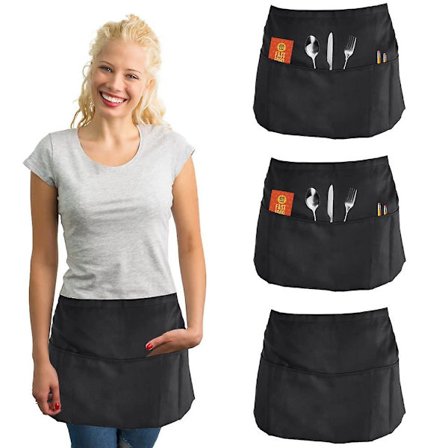 3 kpl vyötäröessua, musta vyötäröessu, jossa on 3 taskua, lyhyet puoliessut, vedenpitävä tarjoilijan esiliina