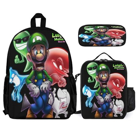 Luigi's Mansion Ryggsäck 3-delars Set Laptop Ryggsäck med Pennfodral Lunchväska Kombination