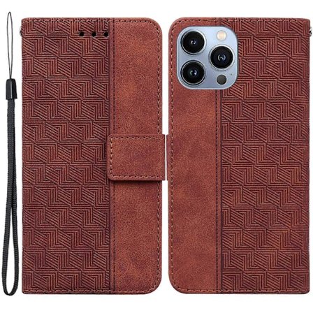 For iPhone 15 Pro Max Geometri Preging PU Lær Telefonveske Sammenleggbart Stativ Lommebokdeksel