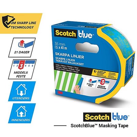 SCOTCH MASKERINGSTAPE 2093 36MMX41M BLÅ FOR SKARPE MALEKANTER