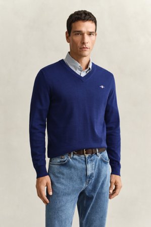 GANT Herren Klassischer V-Neck Pullover aus Baumwolle (M) Marineblau