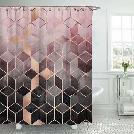 Rosa rutig duschdraperi, med 12 plastkrokar