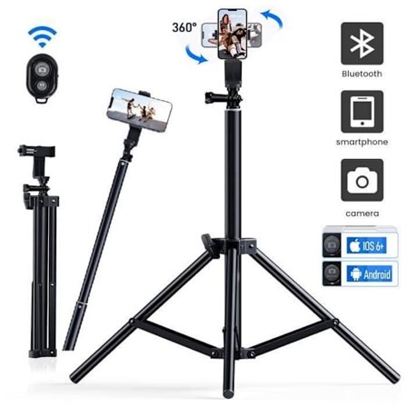 (SORT) JEEMAK Smartphone Tripod til bærbart kamera, 25-160 cm aluminium selfie-stang med Bluetooth-fjernbetjening