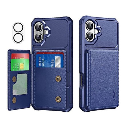 Til iPhone 16 Wallet Kort Slot Holder PU Læder + Bagside Telefon Cover med Kameralinse Film (Mørkeblå)