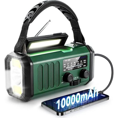 Nödradio 10000mAh med Ficklampa, Solcellsdriven Vevradio, AM/FM Väderradio, SOS-larm, Typ-C Laddning