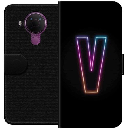 Yhteensopiva Lompakkokotelo Nokia Nokia 5.4 Neonkirjain V värikoodattu valossa mustaa taustaa vasten, minimalistinen muotoilu selkeällä hehkulla ja