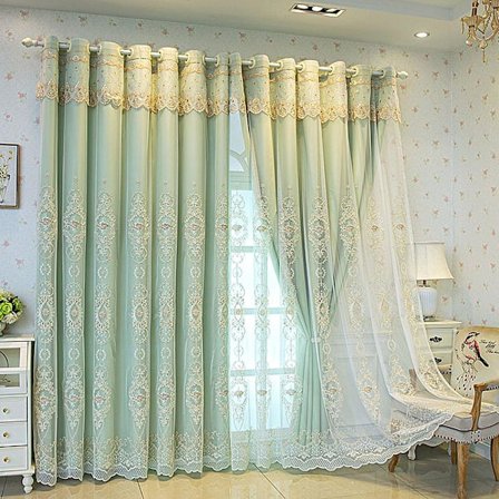 1 stk. europeiske gardiner med dobbelt lag og rysjer for stue soverom 3D-broderte blomstergardiner grønn 150x270 cm