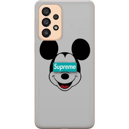 Samsung Galaxy A33 5G Gjennomsiktig deksel Mickey Mouse ansikt med Supreme logo streetwear inspirert pop art motiv perfekt for fans av mote kultur og