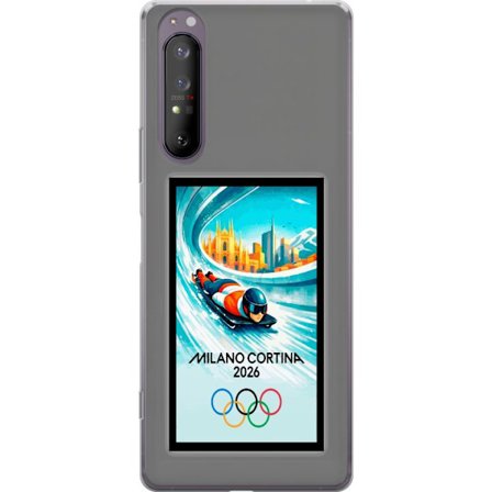 Yhteensopiva Puhelinkuori Sony Xperia 1 II Dynaaminen kelkkailija tai skeleton-ajaja jääkanavalla Milanon Cortina 2026 kanssa, kaupunkinäkymä ja olymp