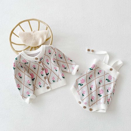 Matchende strik cardigan & shorts med rosa motiv retro klassisk stil