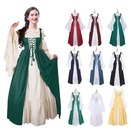 Mub- New Fashion Women Halloween Girls Bandage Square Neck Vintage edieval Stays Corset Cosplay Dress Party Stage Costumes Dresses