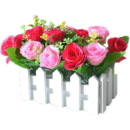 Konstgjorda Blommor i Kruka, Konstgjorda Blommor Konstgjord Växt Gula och Vita Hibiskusblommor Träfence, Bröllopsdekoration 16 * 8,5 * 13 cm(Pi