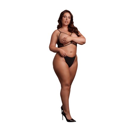 Shots: Open Cup Triangle Bra with Lace and Adjustable Sliders - Plus Size - Black - Vuxen.dk: Lingeri & undertøj