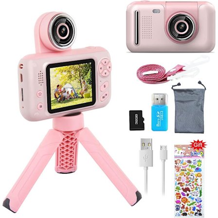 Barnekamera, Barnekamera med Stativ, 180° Roterende Linse, 40MP Foto & 720P HD Video/2.4 Tommers IPS Skjerm, God Gave til Barn 3-10 År, Rosa
