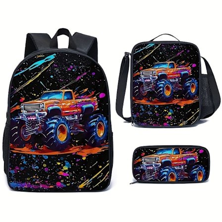 [Cool Truck Ryggsäck] 3st Cool Truck Ryggsäcksset - Lättviktig Polyester, Livfull Monster Truck Design | Unisex, Justerbar Rem, Inkluderar (LGL)