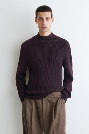COS Men's Ribbed Wool Funnel-Neck Jumper in Red