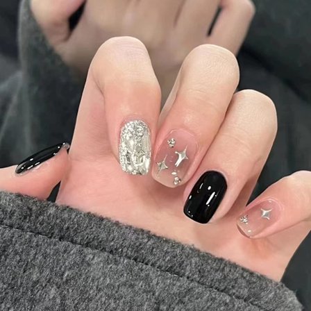 24 st Press On Lösnaglar Korta, Falska Naglar Mandel Lim På Naglar, Falska Naglar Med Lim, Fyrkantiga Press-Silverstjärnor