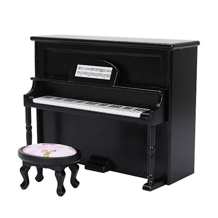 1:12 Dockhus Tillbehör Mini Upright Piano Modell Leksak med Pall Simulering Möbler Svart