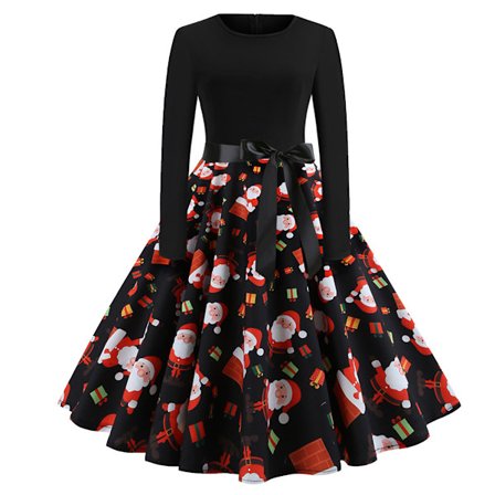 Julekjoler for kvinner, lange ermer, avslappet cocktailparty A-linje Julefest Ferie Swingkjole