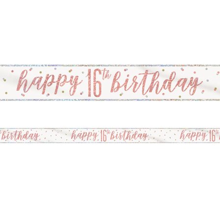 Happy 16th Birthday Banner Hvidt & Roséguld
