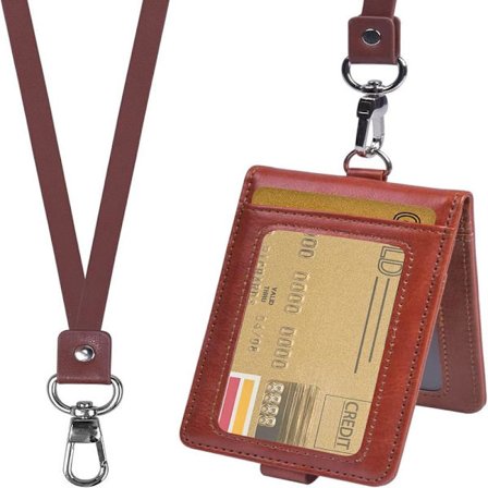 Brun - ID-kortholder med snor Vertikal lær ID-brikke