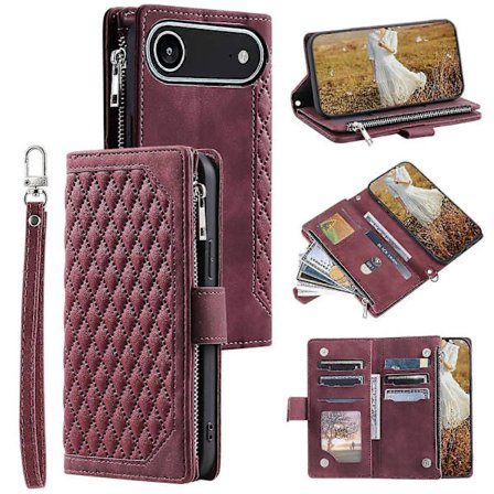 Kompatibel med iPhone 17 Air Wallet Case Rhombus Syning Linje PU Læder Telefon Cover med Håndledsrem-lingling}