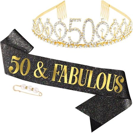 50-årsdagskrone for kvinner, bursdagskarp, tiara med rhinestones, "50 & Fabulous" bursdagssett, bursdagspynt for 50 år gamle kvinner (gull)